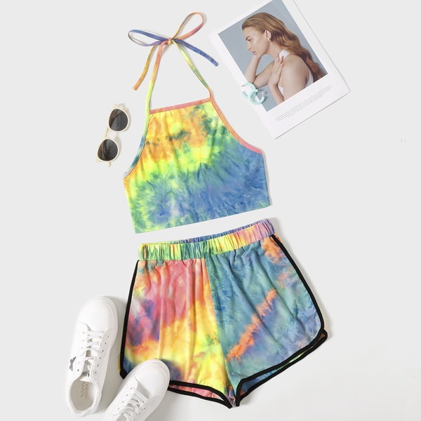 

Tie Dye Print Halter Top With Shorts, Multicolor