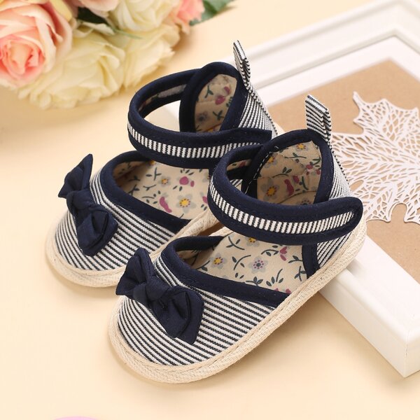

Baby Girl Bow Decor Striped Flats, Blue and white