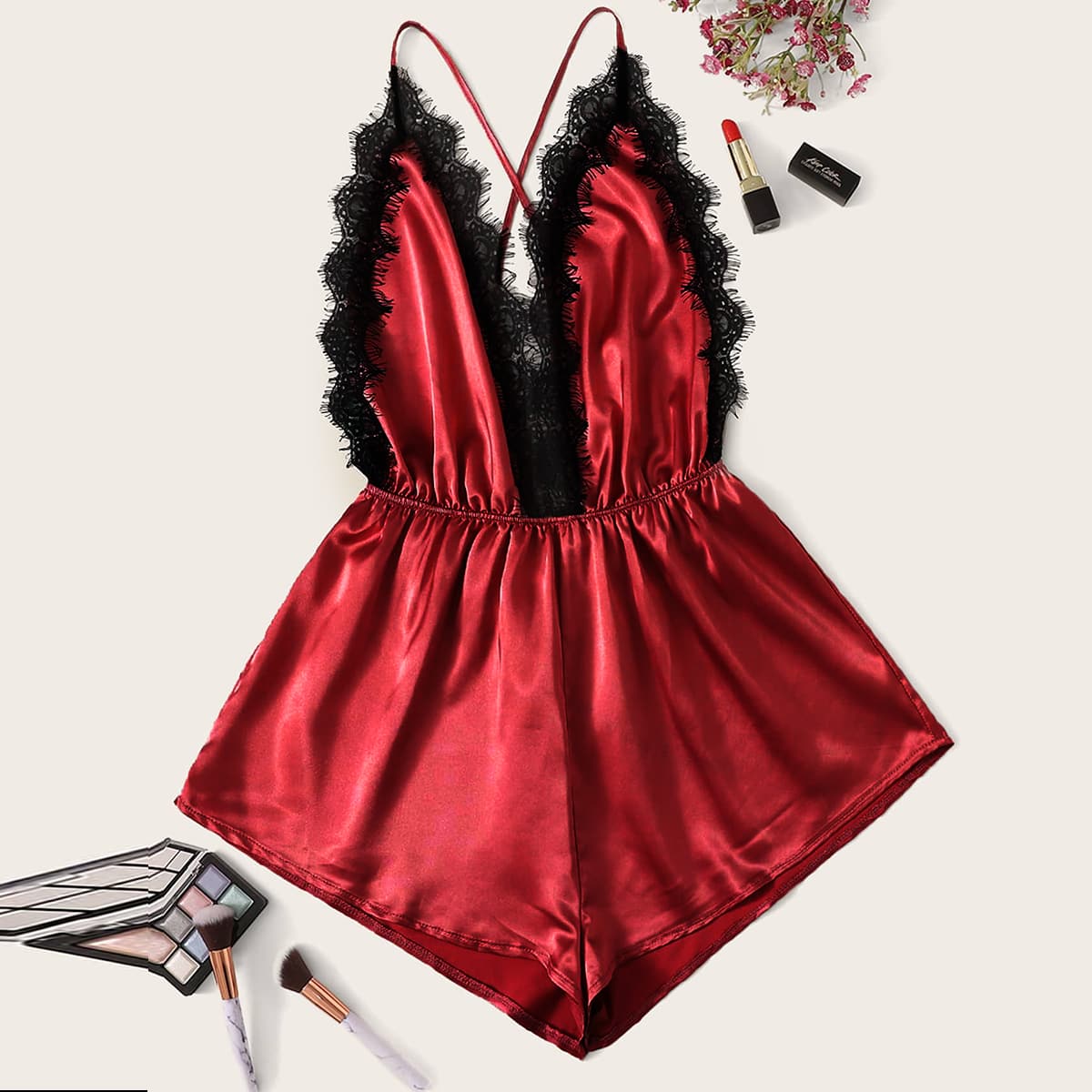 

Satin Contrast Lace Backless Cami Night Romper, Burgundy