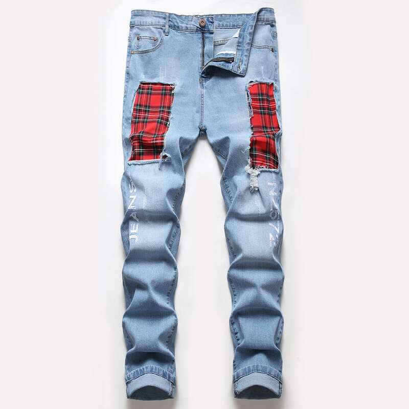 

Guys Contrast Tartan Letter Jeans, Light wash