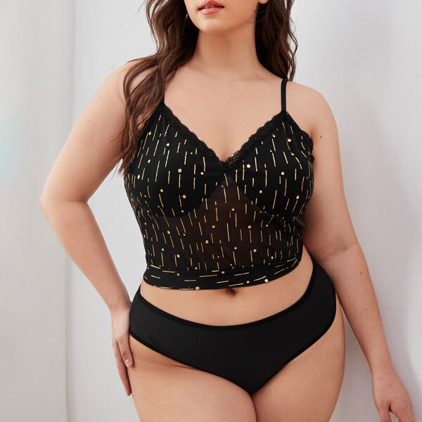 

Plus Lace Trim Mesh Longline Bralette, Black