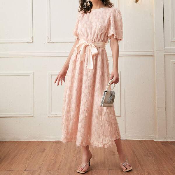 

Fuzzy Self Belted A-line Dress, Baby pink