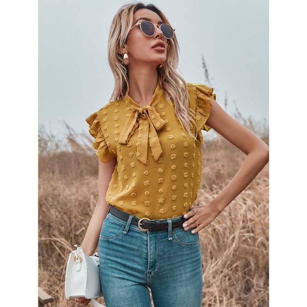 

Swiss Dot Tie Neck Sheer Chiffon Blouse, Mustard yellow