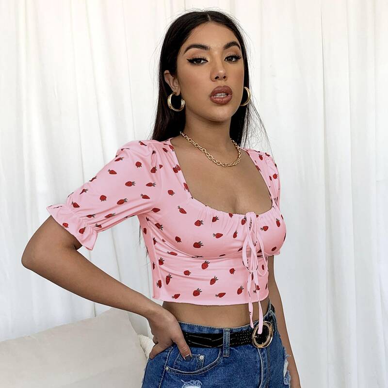 

Strawberry Print Knot Detail Tee, Baby pink