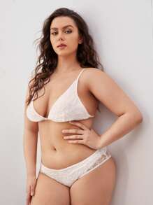 大碼刺繡網紗內衣褲套裝 - 白色 - 查看 3
