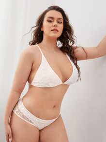 大碼刺繡網紗內衣褲套裝 - 白色 - 查看 4