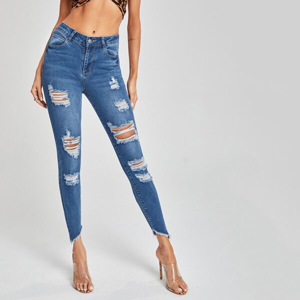 

Natural Waist Ripped Raw Hem Skinny Jeans, Medium wash