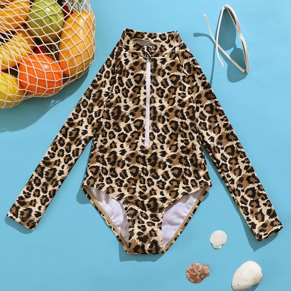

Baby Girl Leopard Zipper One Piece Swimsuit, Multicolor