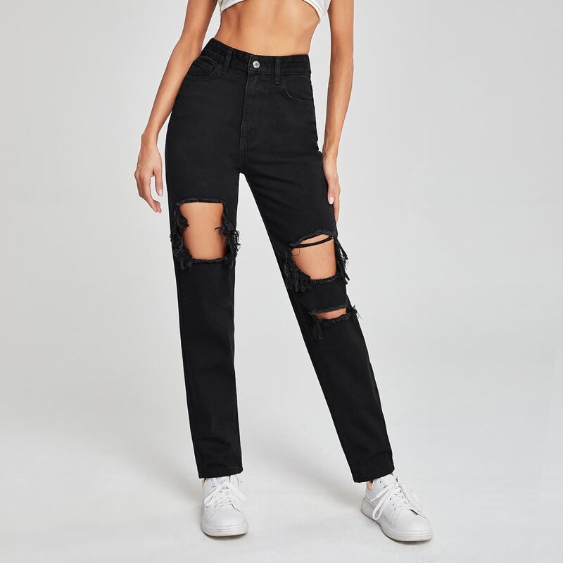 

High Waist Ripped Straight Leg Jeans, Black