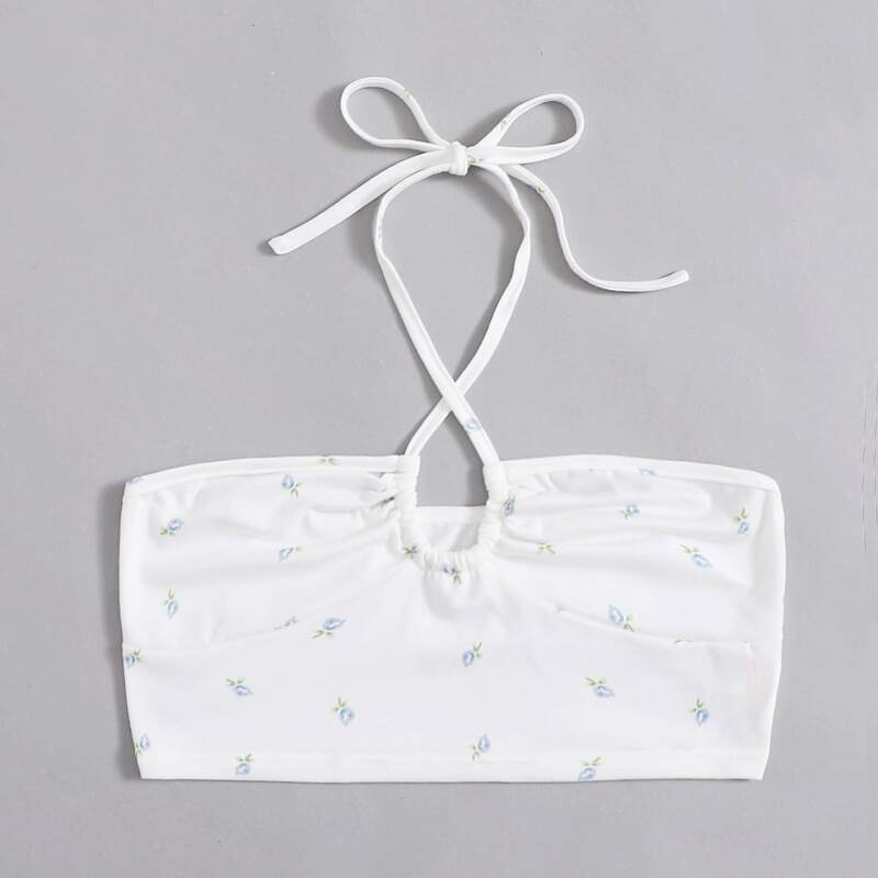 

Ditsy Floral Cut Out Halter Crop Top, White