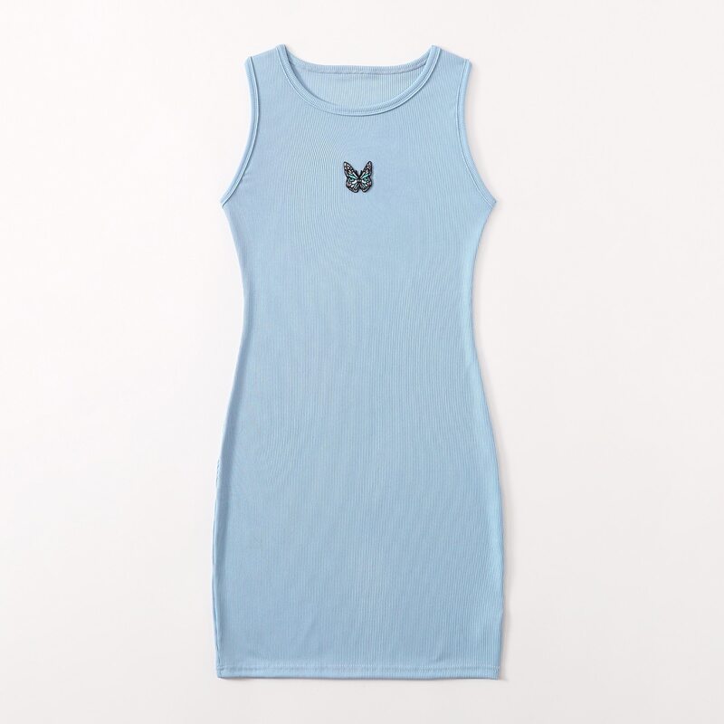 

Butterfly Embroidery Ribbed Dress, Blue