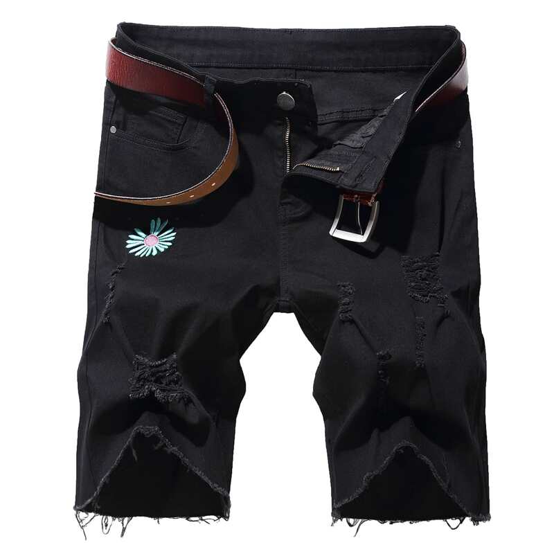 

Guys Floral Embroidered Denim Shorts Without Belt, Black