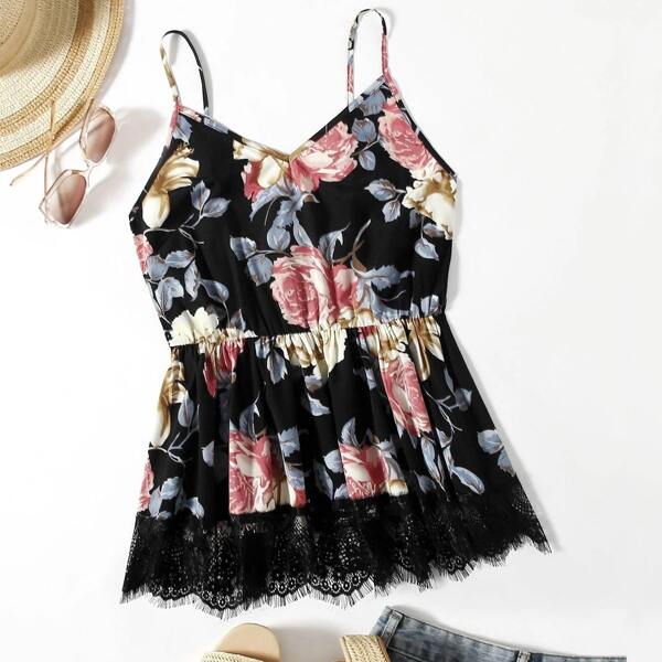 

Floral Contrast Lace Smock Cami Top, Multicolor