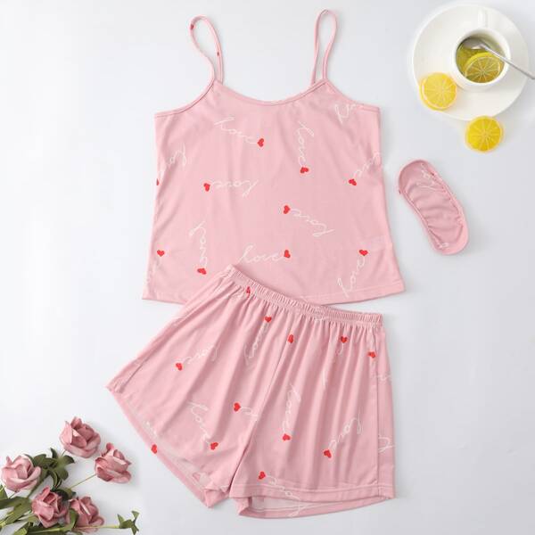

Letter And Heart Print Cami PJ Set & Eye Mask, Baby pink