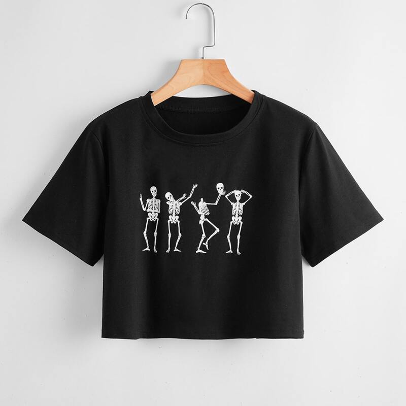 

Skeleton Graphic Crop Tee, Black