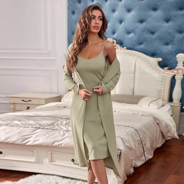 

Solid Cami Night Dress & Lounge Robe, Green