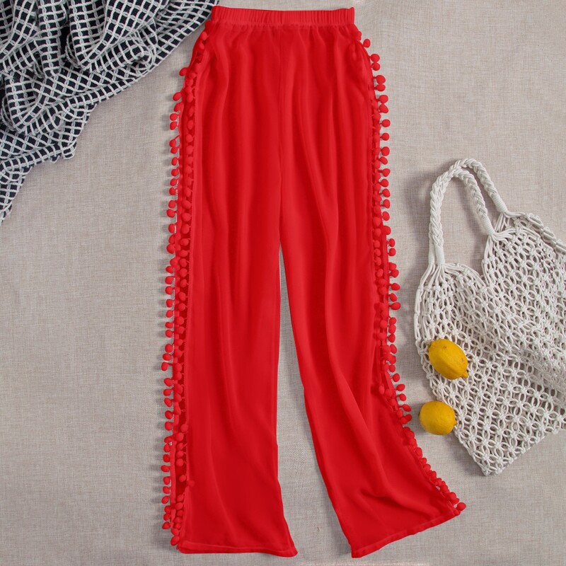 

Chiffon Pom-pom Trim Cover Up Pants, Red