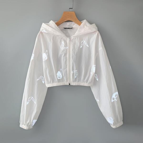 

Reflective Butterfly Print Zip-up Hooded Jacket, White