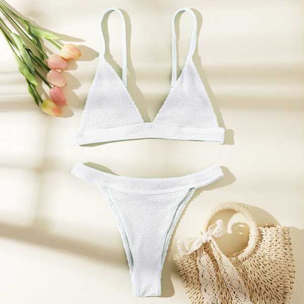 

Textured Triangle Thong Bikini Swimsuit, White