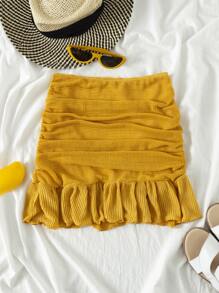 Falda de playa bajo fruncido - Mostaza Amarilla - Ver 3