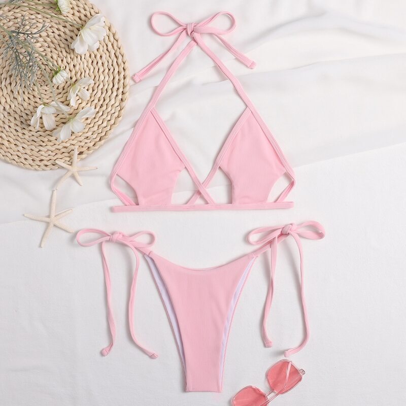 

Criss Cross Halter Tie Side Bikini Swimsuit, Baby pink