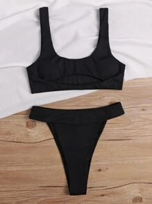 SHEIN Swim Summer Beach Mono Bikini Set Ribbed Cut Out Top & High Cut Thong 2 Pieces Bikini - Black - View 2