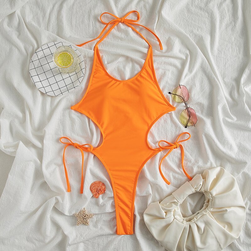 

Tie Side High Cut One Piece Swimsuit, Orange
