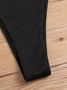 SHEIN Swim Summer Beach Mono Bikini Set Ribbed Cut Out Top & High Cut Thong 2 Pieces Bikini - Black - View 5