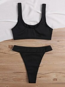 SHEIN Swim Summer Beach Mono Bikini Set Ribbed Cut Out Top & High Cut Thong 2 Pieces Bikini - Black - View 6