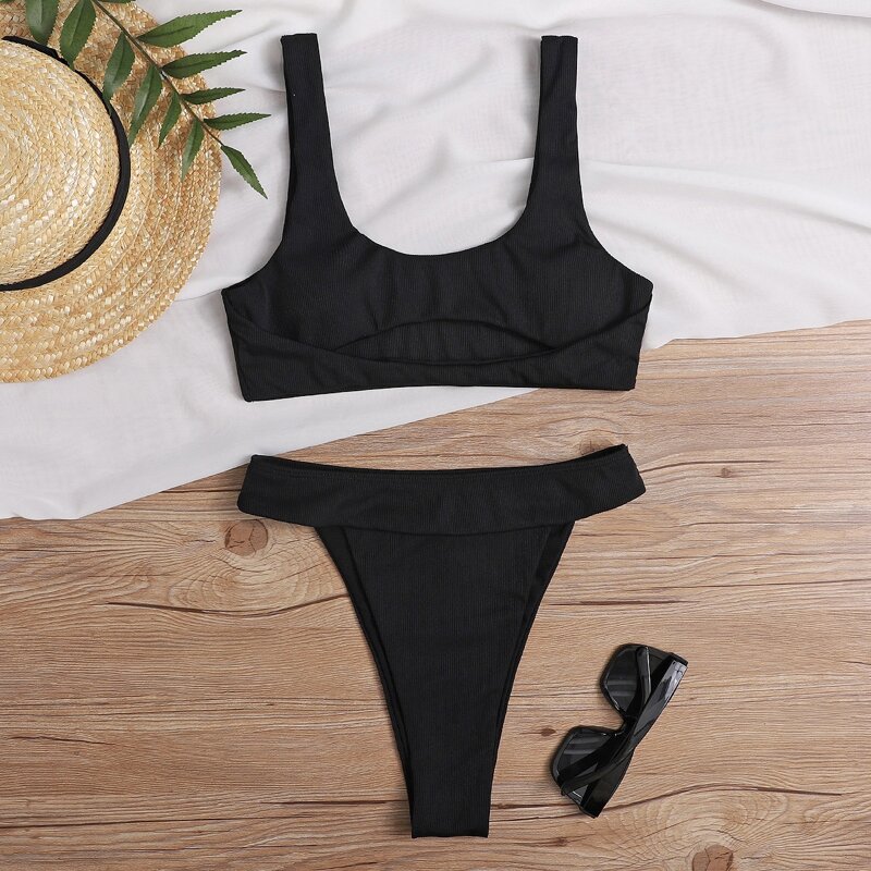 

Ribbed Cut Out Thong Bikini Swimsuit, Black