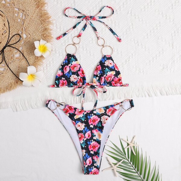 

Floral Ring Linked Micro Triangle Bikini Swimsuit, Multicolor