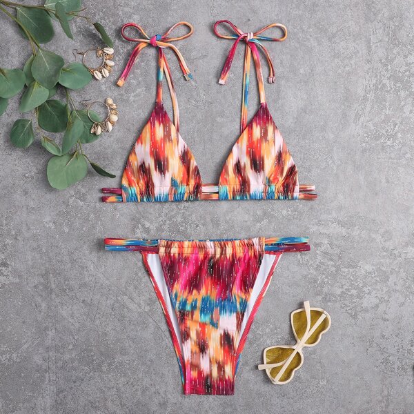 

Allover Graphic Micro Triangle Thong Bikini Swimsuit, Multicolor