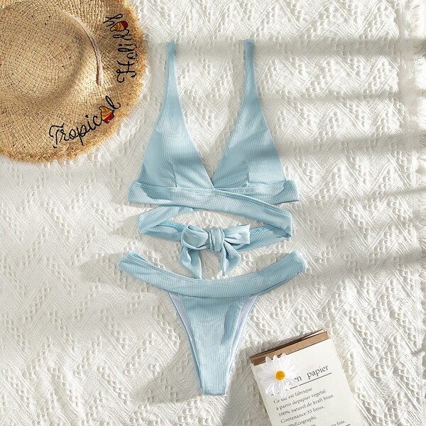 

Rib Wrap Thong Bikini Swimsuit, Baby blue