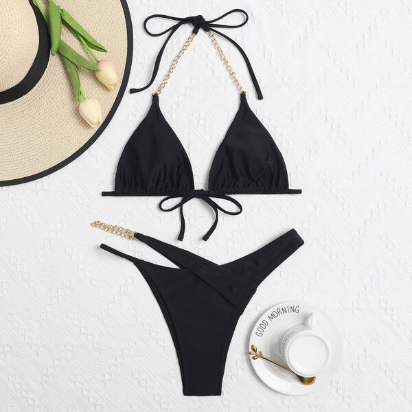 

Chain Strap Micro Triangle Halter Bikini Swimsuit, Black