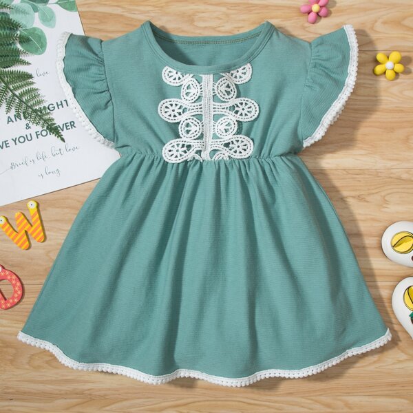 

Baby Girl Lace Trimed A-line Dress, Cadet blue