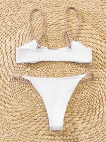 可调节肩带丁字裤比基尼套装，适合夏季海滩度假 - 白色 - 查看 2