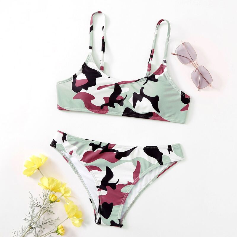 

Camouflage Print Cami Bikini Swimsuit, Multicolor