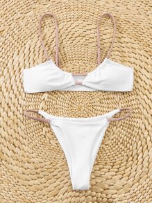 可调节肩带丁字裤比基尼套装，适合夏季海滩度假 - 白色 - 查看 5
