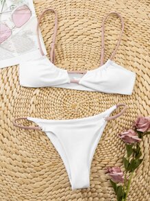 可调节肩带丁字裤比基尼套装，适合夏季海滩度假 - 白色 - 查看 6