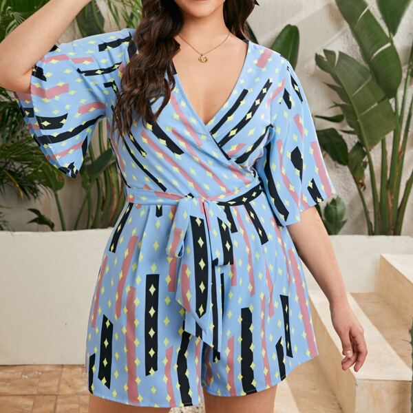 

Plus Argyle & Striped Wrap Romper, Baby blue
