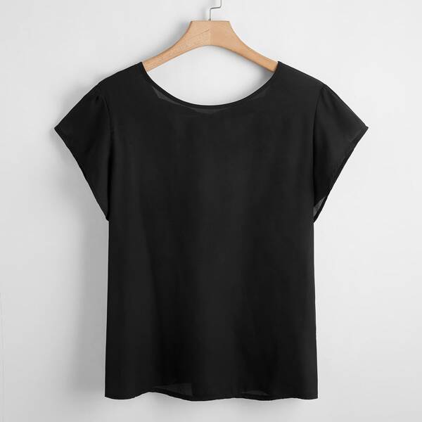 

Plus Tie Back Cap Sleeve Solid Blouse, Black