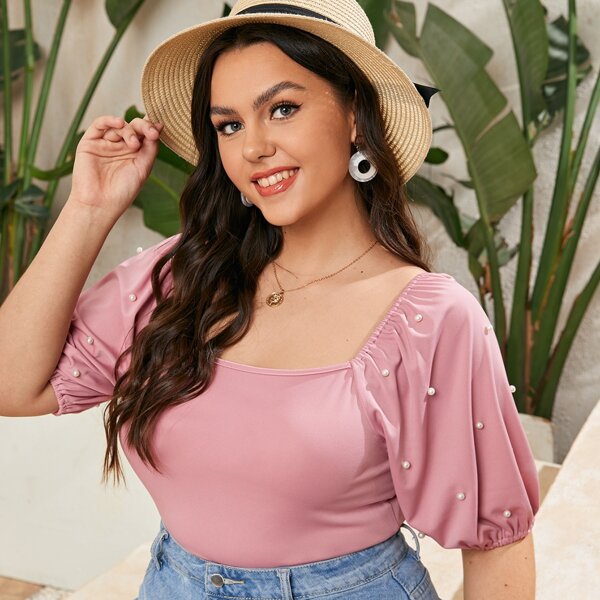 

Plus Pearls Puff Sleeve Crop Top, Dusty pink