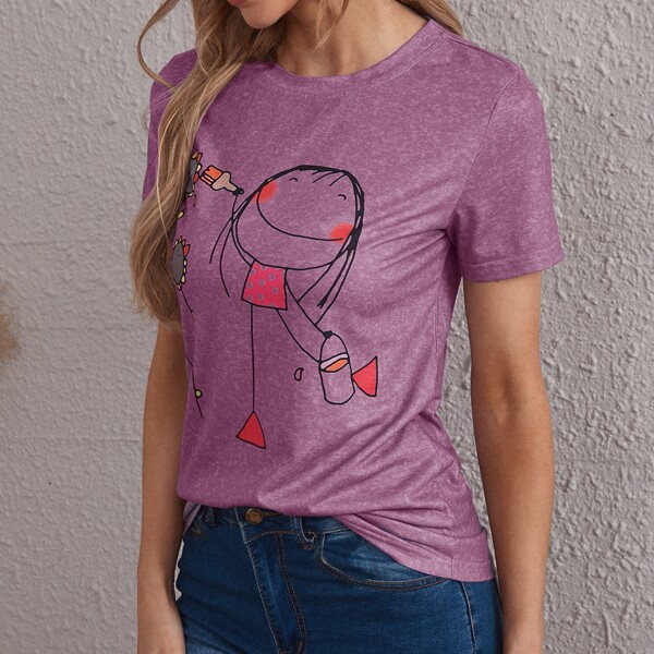 

Cartoon Figure Graphic Tee, Pink