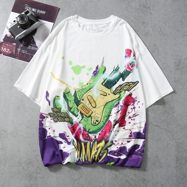 

Men Guitar & Slogan Print Tee, Multicolor