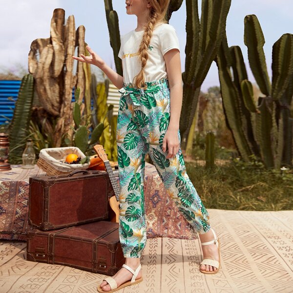 

Girls Letter & Butterfly Print Belted Jumpsuit, Multicolor