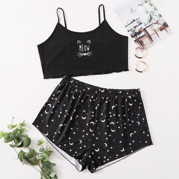 

Plus Letter & Cartoon Graphic Pajama Set, Black