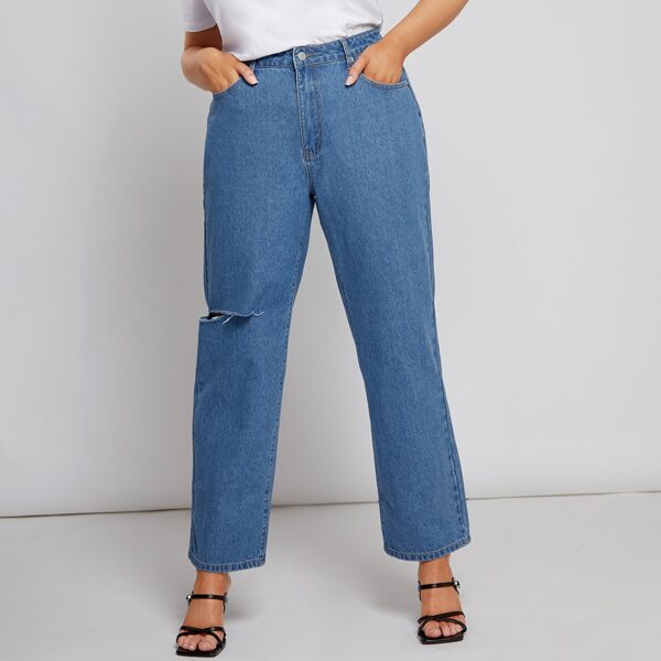 

Plus High Waist Ripped Straight Leg Jeans, Medium wash