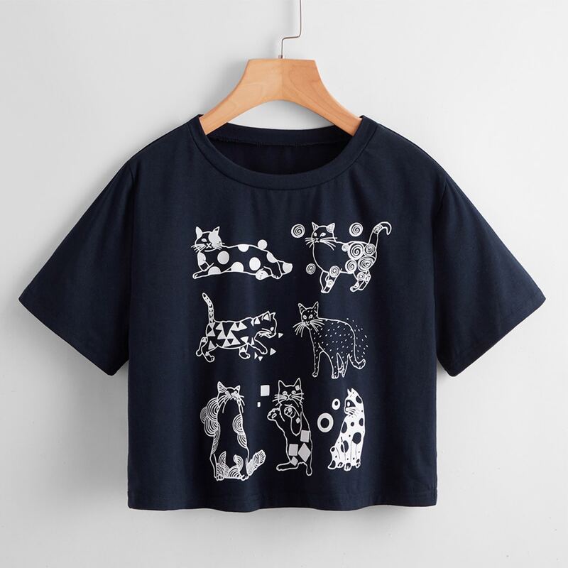 

Cat Graphic Crop Tee, Navy blue
