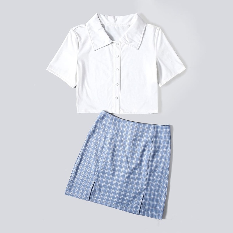 Button Front Crop Tee & Plaid Skirt, Blue and white
