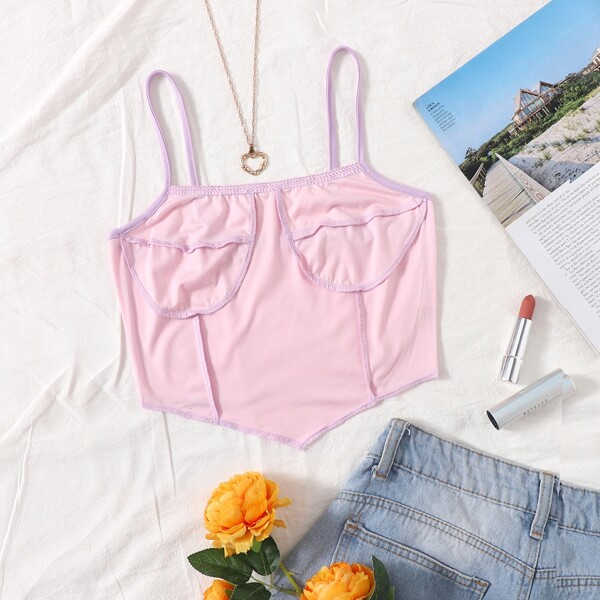 

Stitch Trim Asymmetrical Hem Cami Top, Pastel baby pink